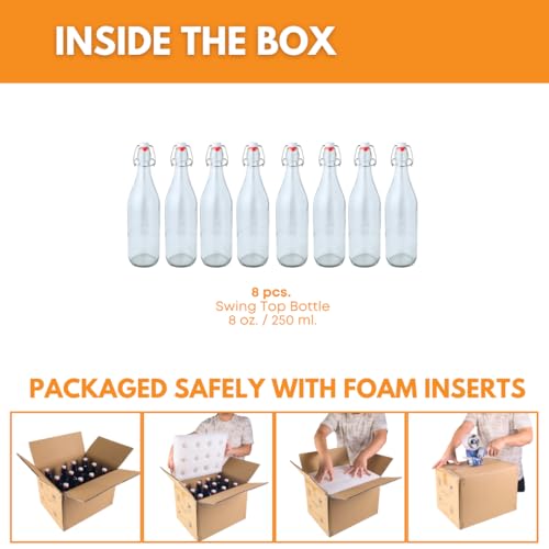 FastRack Swing Top Glass Bottles |8.5 oz – Pack of 8 | Clear, Flip Top Glass Bottles for Home Brewing, Carbonated Drinks, Kombucha, Fermentation, Water | Food Grade – ECO Friendly - size: 8 Pack