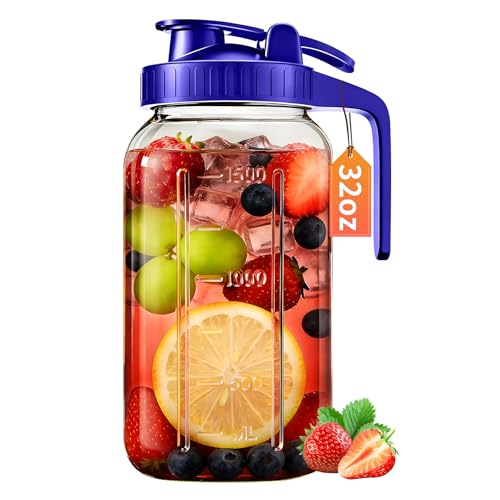 32oz Glass Pitcher with Lid & Spout – 1 Quart Mason Jars, Airtight & Leakproof Breastmilk Pitcher for Cold Brew Coffee, Sun Tea, Water, Juice – Wide Mouth, Fridge Safe - color: Blue, size: 32 Ounces