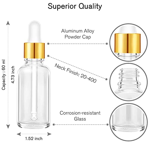 PrettyCare Glass Eye Dropper Bottle 2oz (60ml), 24 Pcs Clear Empty Thick Bottles Bulk with Leakproof Golden Caps - With Labels & Funnels for for Storage, Travel,Essential Oils, DIY Serums, Tincture - color: 2oz Clear, style: 24 Pack