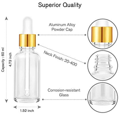 PrettyCare Glass Eye Dropper Bottles 2oz (60ml), 63 Pack Clear Empty Thick Bottles Bulk with Leakproof Golden Caps - With Labels & Funnels for for Storage, Travel,Essential Oils, DIY Serums, Tincture - color: 2oz Clear, style: 63 Pack