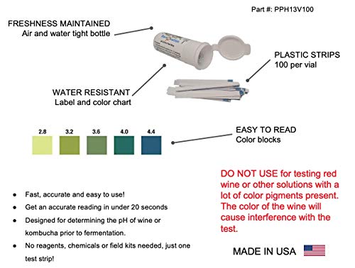 Bartovation 2.8 to 4.4 pH Test Strips, 100-Pack | Acidity Test Strips for White Wine Making, Homebrew, salsa, kefir, fermentation, made in USA