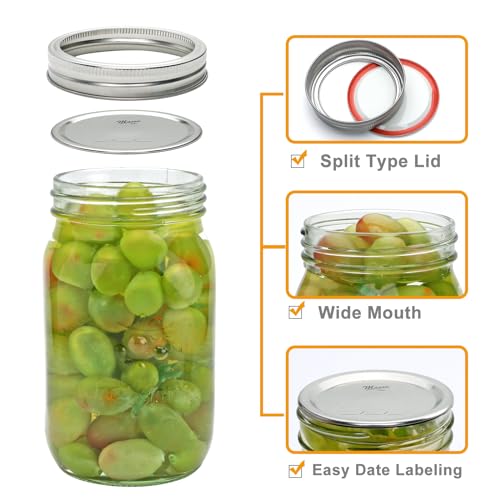32 oz Wide Mouth Mason Jars, Clear Glass Mason Jars with Lids and Bands, 12 Pack Quart Size Canning Jars with Metal and Plastic Lids for Preserving, Meal Prep, Fermenting, Jam