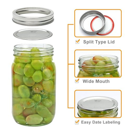 32 oz Wide Mouth Mason Jars, Clear Glass Mason Jars with Lids and Bands, 12 Pack Quart Size Canning Jars with Metal and Plastic Lids for Preserving, Meal Prep, Fermenting, Jam