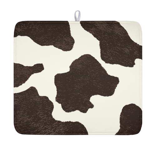 Milk Cow Drying Mat 18x16 Inch, Brown White Cowhide Drying Mat with Absorbent Reversible Microfiber, Cattle Fur Farmhouse Dish Drainer Mats Summer Rack Pad for Coffee Countertop Kitchen Protector - color: Beige Brown, size: 18" x 16"
