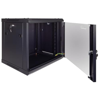 NavePoint 9U Server Cabinet Wall Mount Rack Enclosure Includes 2 Fans, Locking Glass Door, Removable Side Panels – 9U Network Cabinet 17.7” Deep, 19 Inch Server Rack for IT and A/V Equipment - size: 9U - 450mm Depth