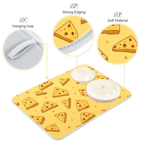 Dish Drying Mat for Kitchen Counter Cartoon Triangular Cheese Absorbent Drying Dish Mat 16×18 inch Dish Rack Pad Coffee Mat for Sink Dishes Under Rack - size: 16x18in