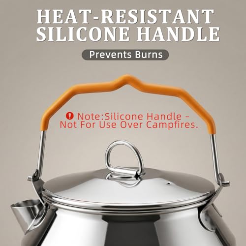 Camping Kettle Tea Pot, 1.4L Portable 304 Stainless Steel Coffee Kettle, Food Grade with Large Opening & Heat-Resistant Handle, Works on Gas, Induction, Open Flame, Electric Stove, Silver