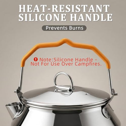 Camping Kettle Tea Pot, 1.4L Portable 304 Stainless Steel Coffee Kettle, Food Grade with Large Opening & Heat-Resistant Handle, Works on Gas, Induction, Open Flame, Electric Stove, Silver