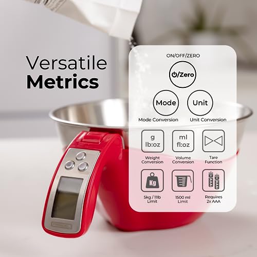 Fradel Digital Kitchen Food Scale with Bowl - 11lb, Grams & Ounces - Removable, Dishwasher-Safe Mixing Bowl - Red - color: Red