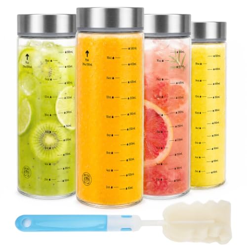 20oz Reusable Glass Juice Bottles with Lids, Wide Mouth, BPA-Free | Leak-Proof Clear Water Bottle for Juicing, Smoothie, Meal Prep | Capacity Markings, Brush Included, Dishwasher Safe | 4pcs - color: Clear-4 Pack, size: 20 Ounces