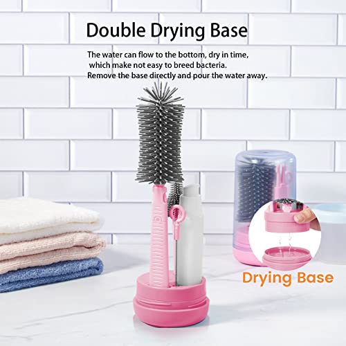 Pink Silicone Baby Bottle Cleaner Kit - Bottle Brush Set, Drying Rack, Nipple & Straw Brushes, Soap Dispenser - Travel & Home Use - color: Light Pink