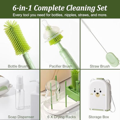 Travel Baby Bottle Cleaner Kit with Storage Case – 6-in-1 Compact Bottle Brush Set for Infant Feeding, Breast Pump Parts & On-The-Go Washing – Baby Travel Essentials for Flying (Green) - color: Green
