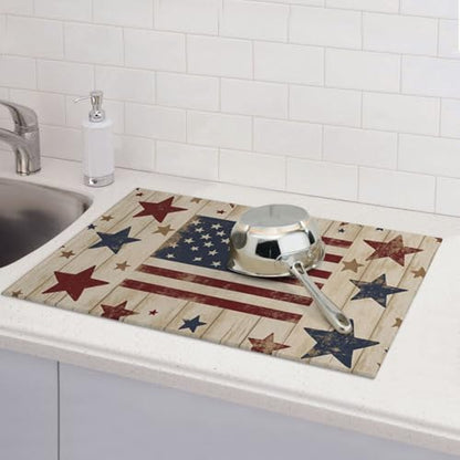 American Flag Stars Wood Microfiber Dish Drying Mat 18x24 Inch - Absorbent Non-Slip & Quick Dry Kitchen Counter Dish Drainer Pad, Rustic Farmhouse Style - color: American Flag Stars Wood
