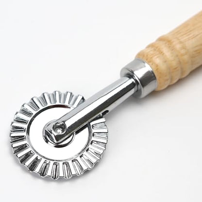2PCS Pizza Cutter Wheel Roller, 16cm/6.3" long, Zinc Alloy Crinkle Cutter Maker Set with Long Wooden Handle for Making Pasta Ravioli Noodles Dumpling Lace Pastry Pies Fluted Cracker for Kitchen Travel