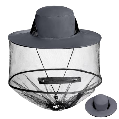 Sucrain Mosquito Head Net Hat Sun Hat Garden Bug Hat with Hidden Net Mesh for Outdoor Gardening Beekeeping - color: Hot Gray