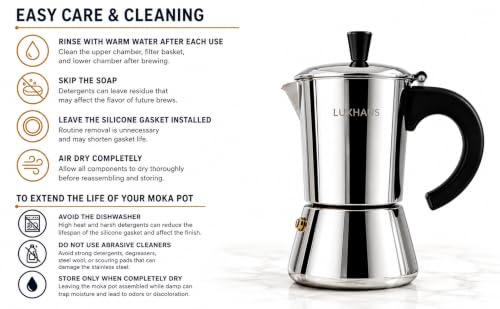LuxHaus 6 Cup Moka Pot (2oz each cup - 12oz total) Stovetop Espresso Maker - Stainless Steel Italian and Cuban Mocha Coffee Maker - size: 6 Cup