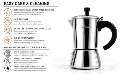 LuxHaus 6 Cup Moka Pot (2oz each cup - 12oz total) Stovetop Espresso Maker - Stainless Steel Italian and Cuban Mocha Coffee Maker - size: 6 Cup
