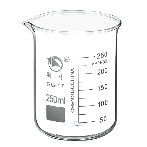 PATIKIL 250ml Low Form Glass Beaker, 3.3 Borosilicate Glass Graduated Printed Scale Measuring Cups with Spout for Kitchen Lab Liquids Transit Boiling - size: 250ml