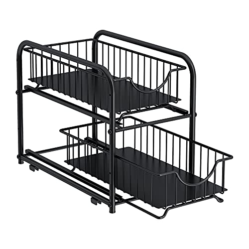 Pull-out Cabinet Organizer, Stackable 2-tier Under Sink Rack, with Sliding Storage Drawer for Pantry, and Desktop, for Bathroom, Kitchen, Office, Black - color: Black
