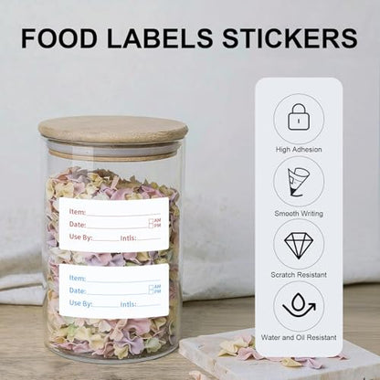Removable Food Labels 2 Rolls 1000 Pcs Waterproof Oil-Resistant Write-On Date Stickers with Bonus Pen Freezer Refrigerator Food Container Labels for Meal Prep & Organization