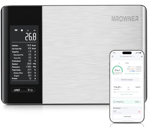 Smart Food Kitchen Scale with Nutritional Calculator, Free App with 19 Nutrients Tracking, Calorie, Marco, Digital Weight Grams and Ounces for Weight Loss, Premium Stainless Steel, 22lb