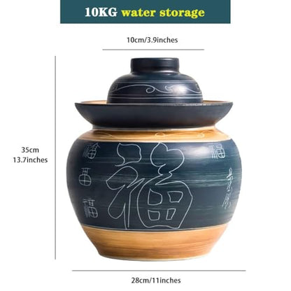 Traditional Chinese Fu Pattern Kimchi Jar, Double-lid Fermentation Crock, Thickened Ceramic Pickling Vessel, for Kombucha(10kg/352.7oz) - size: 10kg/352.7oz