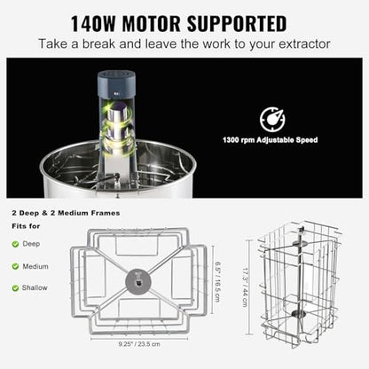 VEVOR Electric Honey Extractor, 2/4 Frame Stainless Steel Beekeeping Extraction, Honeycomb Drum Spinner with Transparent Lid, Apiary Centrifuge Equipment with Height Adjustable Stand - style: 4 Frame Rack(2 Deep Frames)