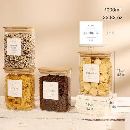 4 Pack Square Glass Pantry Storage Containers with 132 Kitchen Food Pantry Labels - 34 floz Clear Glass Pantry Jars with Airtight Wood Bamboo Lids - Glass Canisters for Tea, Cereal, Coffee, Spice - size: 34oz-4pack