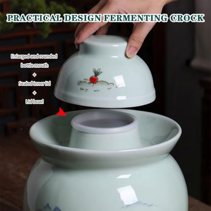 Chinese Jingdezhen Ceramics Pickle Jar, Water-Sealed Traditional Fermentation Crock, Spicy Radish Pattern Kimchi Jar, Artistic Decoration(7kg) - size: 7kg