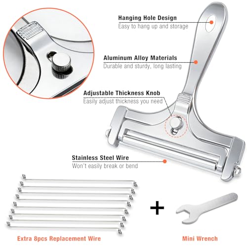 Cheese Slicer, AIDOIT Stainless Steel Wire Cheese Slicer, Adjustable Thickness Cheese Cutter with 8 Extra Wires for Soft, Semi-hard, Hard Cheeses, Silver - color: Silver-b