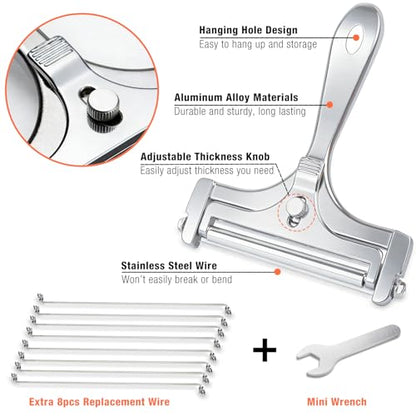 Cheese Slicer, AIDOIT Stainless Steel Wire Cheese Slicer, Adjustable Thickness Cheese Cutter with 8 Extra Wires for Soft, Semi-hard, Hard Cheeses, Silver - color: Silver-b