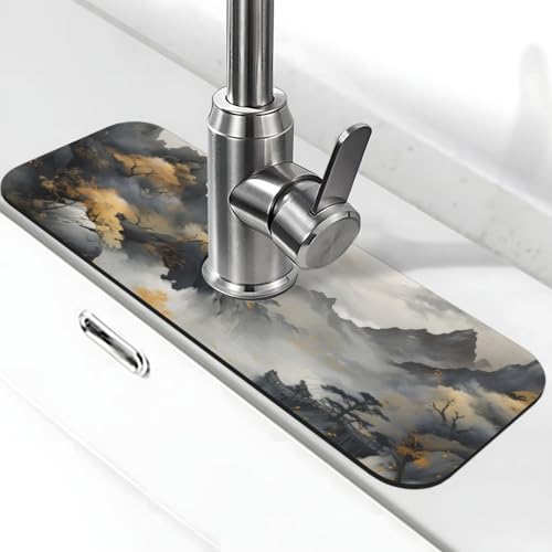 Kitchen Sink Faucet Mat Splash Guard, Chinese Style Ink Painting Of Mountain Pine Trees Super Absorbent Drying Mat, Non-Slip Drain Pad for Bathroom Counter - color: Ink Painting