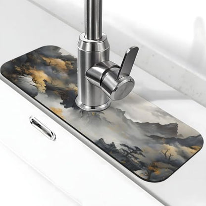 Kitchen Sink Faucet Mat Splash Guard, Chinese Style Ink Painting Of Mountain Pine Trees Super Absorbent Drying Mat, Non-Slip Drain Pad for Bathroom Counter - color: Ink Painting