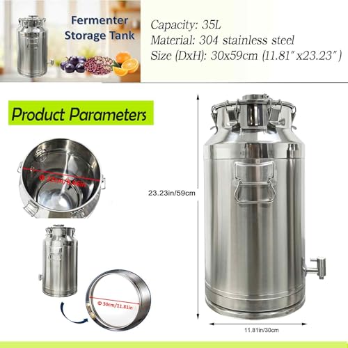 35L Stainless Steel Fermenter Tank with Faucet & Exhaust Valve 304 Food-Grade Fermentation & Storage Container for Wine, Beer, Sauerkraut