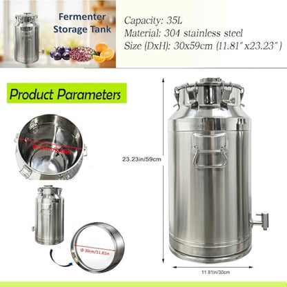 35L Stainless Steel Fermenter Tank with Faucet & Exhaust Valve 304 Food-Grade Fermentation & Storage Container for Wine, Beer, Sauerkraut