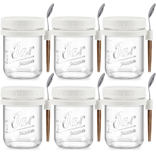 6 Pack Overnight Oats Containers with Lids and Spoons, 16 oz Glass Mason Overnight Oats Jars, Large Capacity Airtight Jars for Milk, Cereal, Fruit(White) - color: White