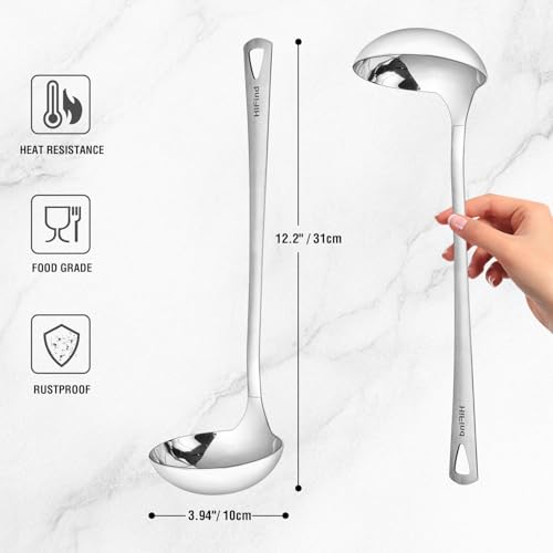 HIFIND Cooking Spoon 12.2 Inches Kitchen Stainless Steel Round Ladle, Heavy-Duty, Heat Resistance, Rust-Resistant Kitchen Ergonomic Handle for Chefs Serving Soups, Stews