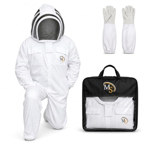 MS Bee Cotton Beekeeper Suit With One Pair Gloves and Fencing Veil - color: White, size: Large