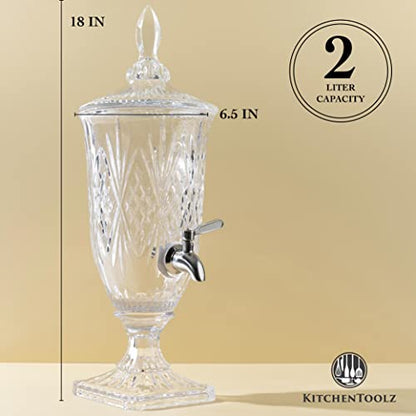 2 Liter Glass Beverage Dispenser with Stainless Steel Spigot on Glass Pedestal, Decorative Mason Drink Dispenser for BBQ, Picnic, Pool Party, and Social Events