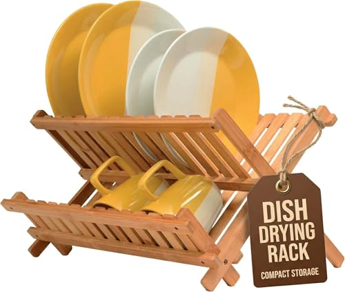 Bambüsi Collapsible Dish Drying Rack - 2 Tier Bamboo Dish Rack Dish Drainer for Kitchen Counter, Foldable Wooden Drying Rack for Plates Cups Bowls Utensils, No Assembly Folding Rack for Apartment, RV - style: Dish Rack