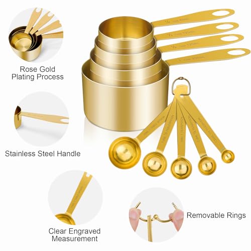 GuDoQi 9pcs 304 Stainless Steel Measuring Cups & Spoons, Stackable Long Handle Fits Narrow Jars, Golden Finish, Metric & US Measures for Dry/Liquid Ingredients, Rust-Proof for Baking & Cooking