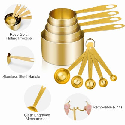 GuDoQi 9pcs 304 Stainless Steel Measuring Cups & Spoons, Stackable Long Handle Fits Narrow Jars, Golden Finish, Metric & US Measures for Dry/Liquid Ingredients, Rust-Proof for Baking & Cooking