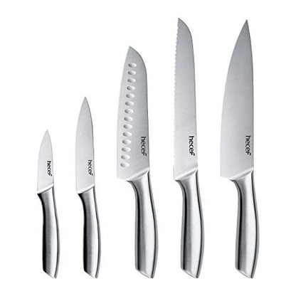 hecef Silver Kitchen knife set of 5, Satin Finish Blade with Hollow Handle, includes 8" Chef, 8" Bread, 8" Santoku, 5" Utility and 3.5" paring knife - style: 5 PCS