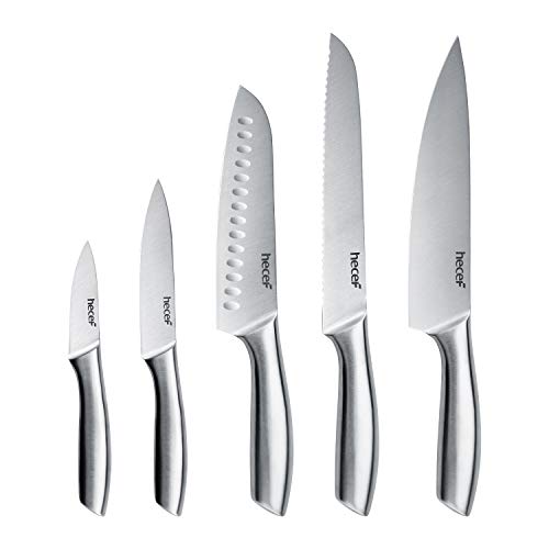 hecef Silver Kitchen knife set of 5, Satin Finish Blade with Hollow Handle, includes 8" Chef, 8" Bread, 8" Santoku, 5" Utility and 3.5" paring knife - style: 5 PCS