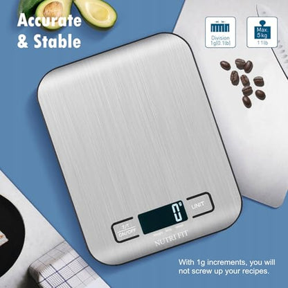 Food Scale, Kitchen Scales Digital Weight Food Grams and Ounces for Weight Loss Baking Cooking of NUTRI FIT, Max 11lb 1g Increment, Backlight LCD Smart Tare Stainless Steel, Easy to Use, AAA Battery - color: Silvery Grey