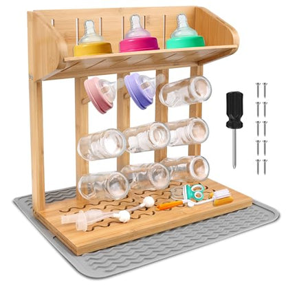 Windspeed Wooden Bottle Drying Rack for Baby Bottle Rack Dryer with Drain Pad, Space Saving for 11 Milk Glass Baby Feeder, Ideal Too for Busy Parents