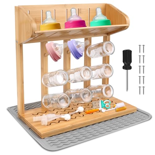 Windspeed Wooden Bottle Drying Rack for Baby Bottle Rack Dryer with Drain Pad, Space Saving for 11 Milk Glass Baby Feeder, Ideal Too for Busy Parents