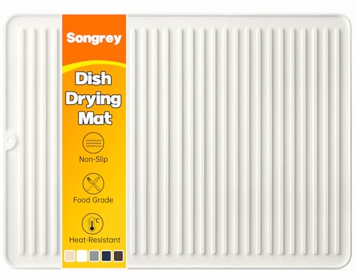 Songrey 24" x 18" Silicone Dish Drying Mat, Kitchen Counter Drying Pad for Sink Dishes or Under Rack, Multi-Use as Heat Resistant Trivet, Coffee Bar Mat - color: White, size: 24" x 18"