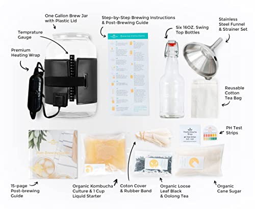 The Kombucha Shop, Deluxe Kombucha Brewing Kit with Premium Heating Wrap - Six Swing Top Bottles, Stainless Steel Funnel, Custom Bottle Brush, Premium Heating Wrap & Our Original Brewing Kit