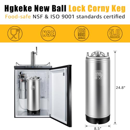 New 5 Gallon Corny Keg- Food Grade Stainless Steel Cornelius Keg with Ball Lock Quick Disconnect Set & Extra Lid Gaskets, Home Brew Beer Keg Equipment for Carbonating & Serving